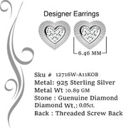 King Of Bling's Aretes Para Hombre Heart 925 White Silver 0.05ct Diamond Women's /Men's Earring KING OF BLINGS