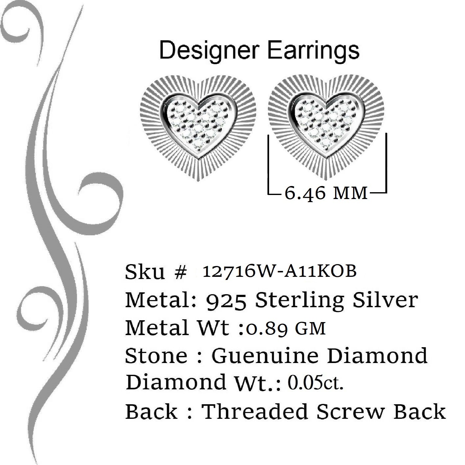 King Of Bling's Aretes Para Hombre Heart 925 White Silver 0.05ct Diamond Women's /Men's Earring KING OF BLINGS