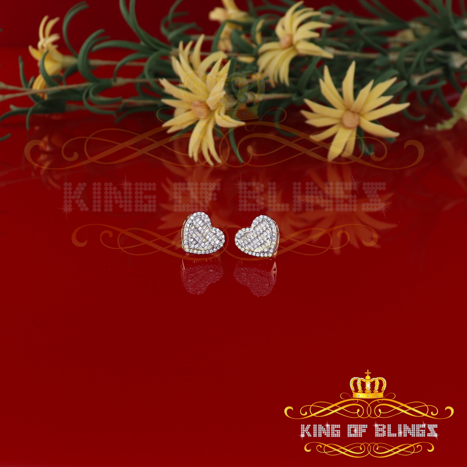 King of Bling's 925 Yellow Sterling Silver 1.48ct Cubic Zirconia Men's & Women's Heart Earrings KING OF BLINGS