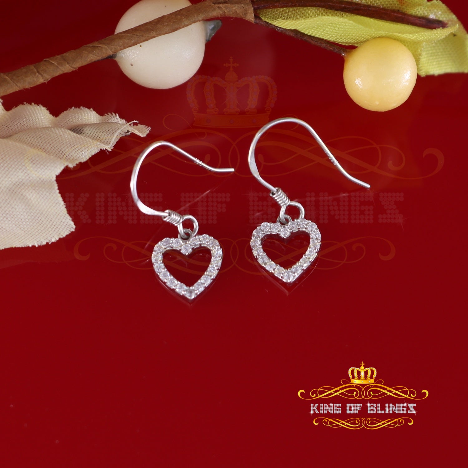 King of Blings- 925 White Silver 0.58ct Cubic Zirconia Cluster Women's Dangling Heart Earrings KING OF BLINGS