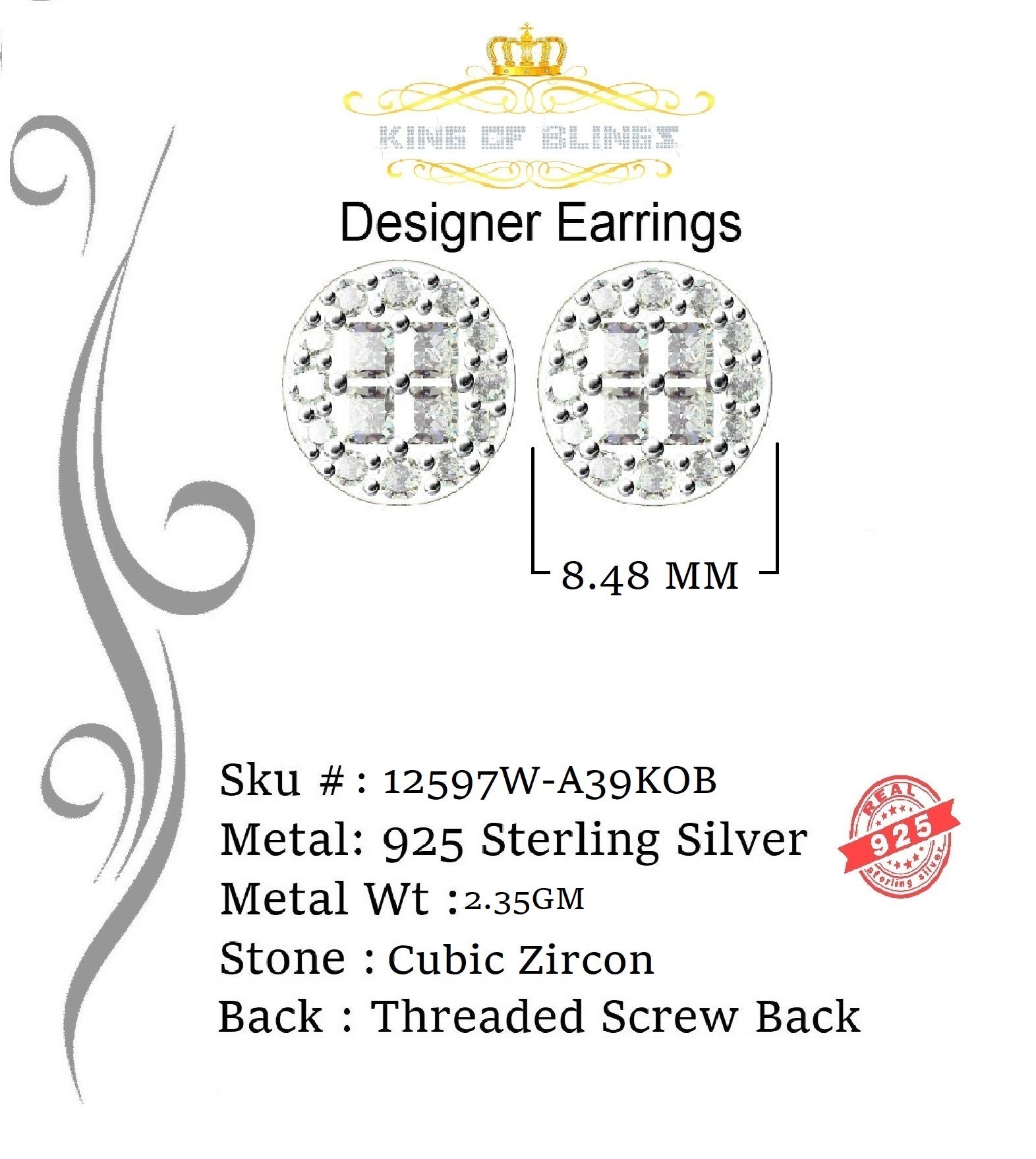 King of Blings- Aretes Para Hombre 925 White Silver 1.68ct Cubic Zirconia Round Women's Earrings KING OF BLINGS