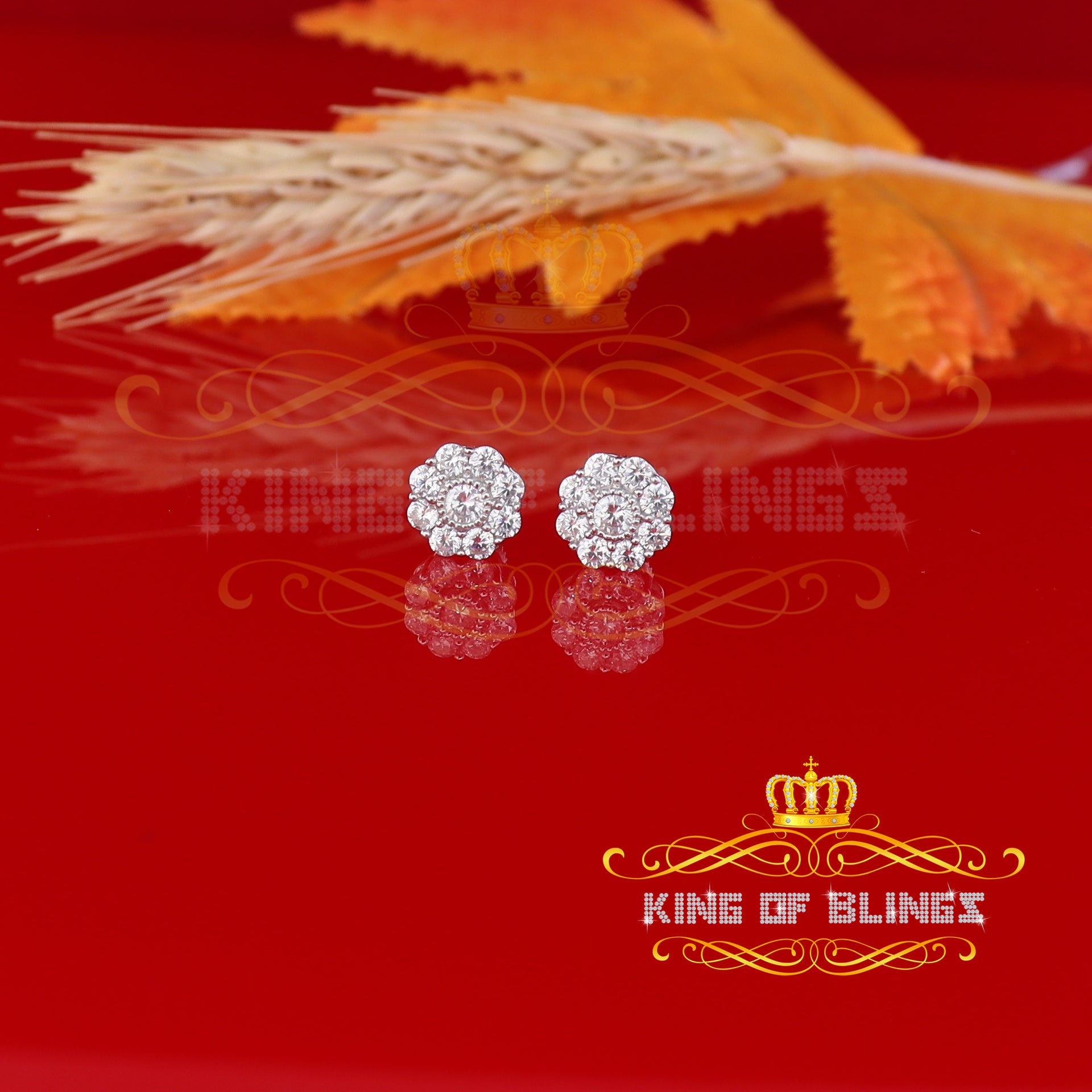King of Blings- White 925 Silver 2.1ct Cubic Zirconia Women's & Men's Hip Hop Floral Earrings KING OF BLINGS