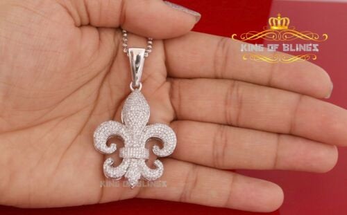 White 925 Sterling Silver Fleur De Lis Shape Pendant with 4.59ct Cubic Zirconia KING OF BLINGS