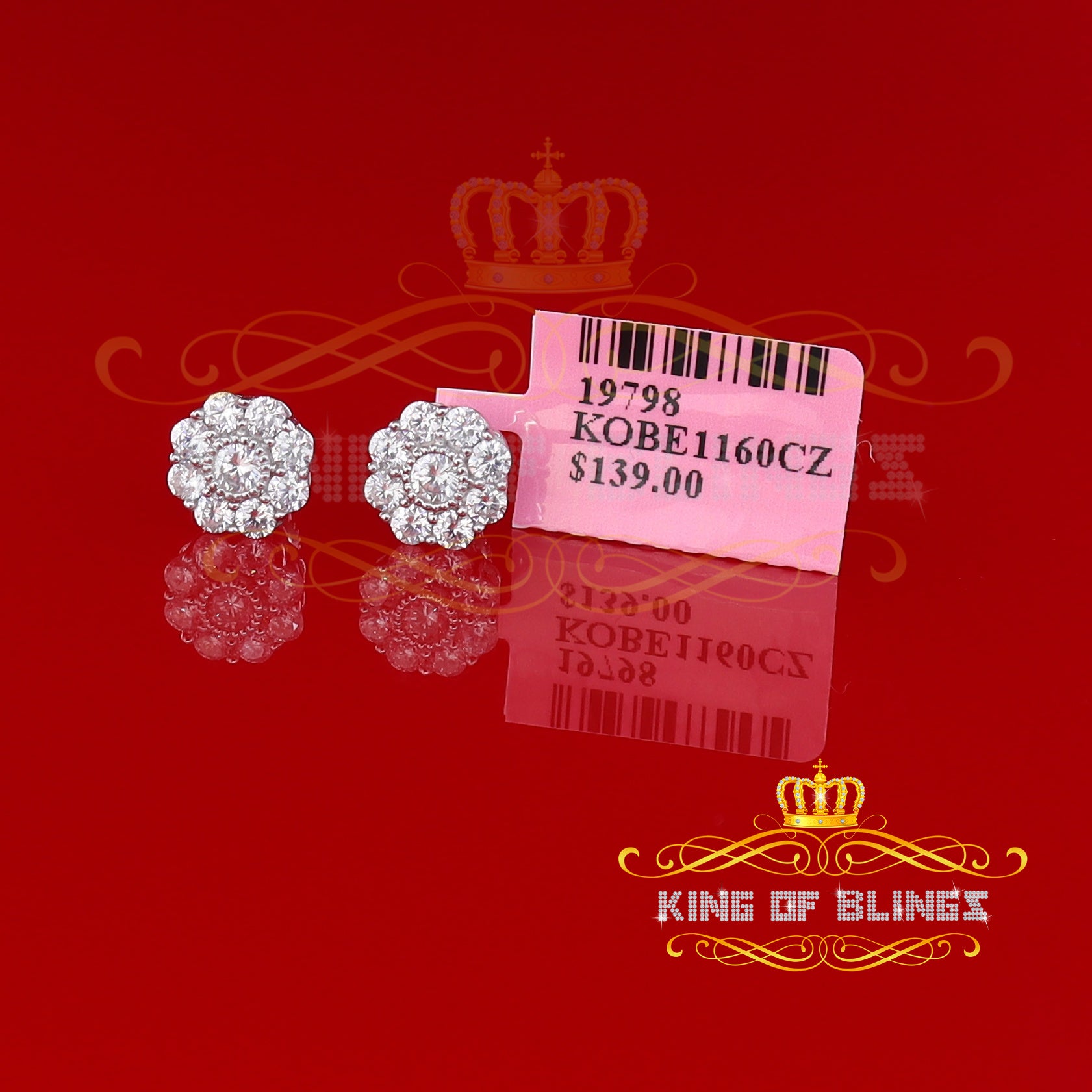 King of Blings- White 925 Silver 2.1ct Cubic Zirconia Women's & Men's Hip Hop Floral Earrings KING OF BLINGS