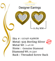 King of Blings-Aretes Para Hombre Heart 925 Yellow Silver 0.33ct Diamond Women's /Men Earrings KING OF BLINGS