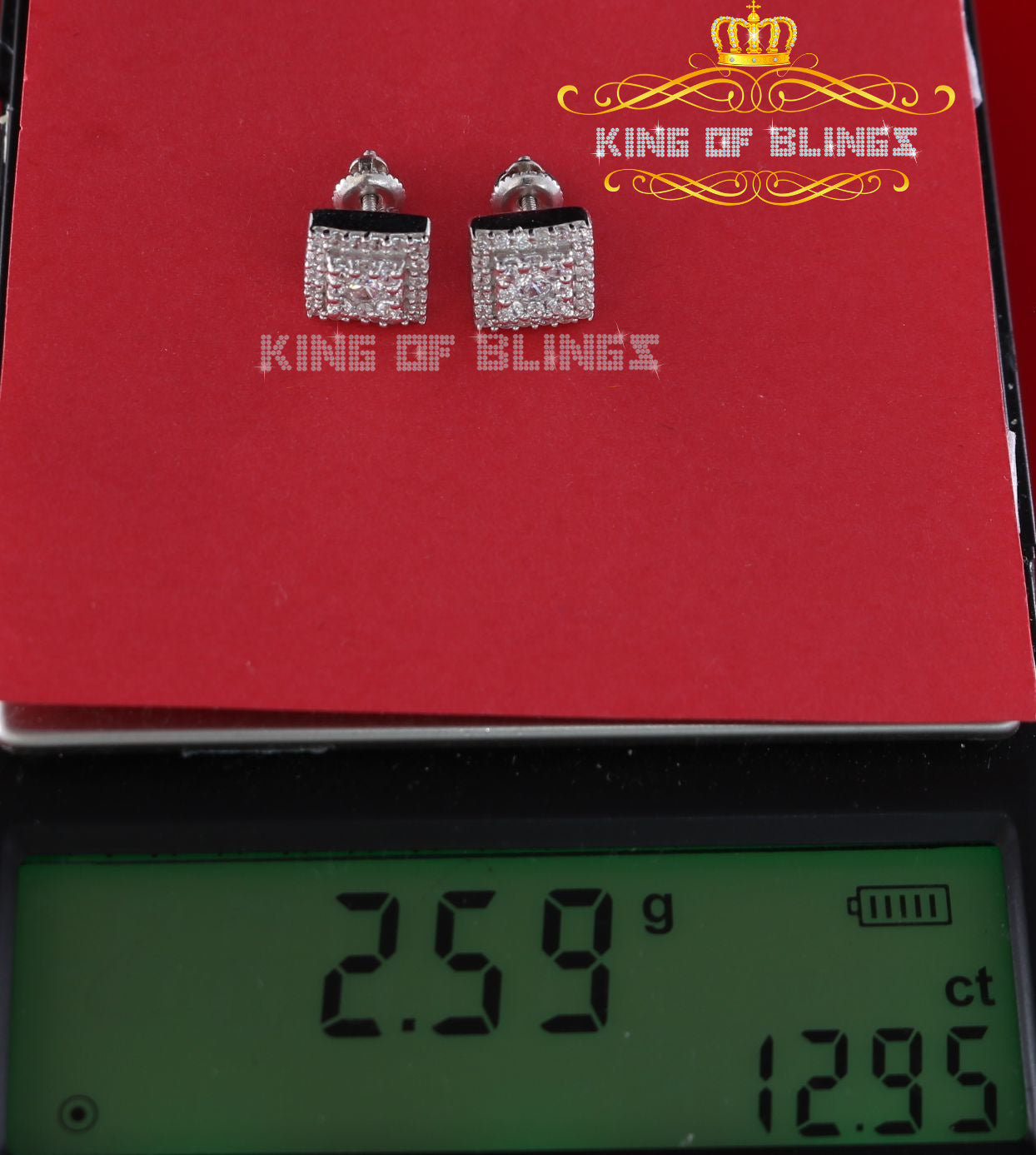 King of Blings- 1.2ct Cubic Zirconia 925 White Sterling Silver Women's Hip Hop Square Earrings KING OF BLINGS