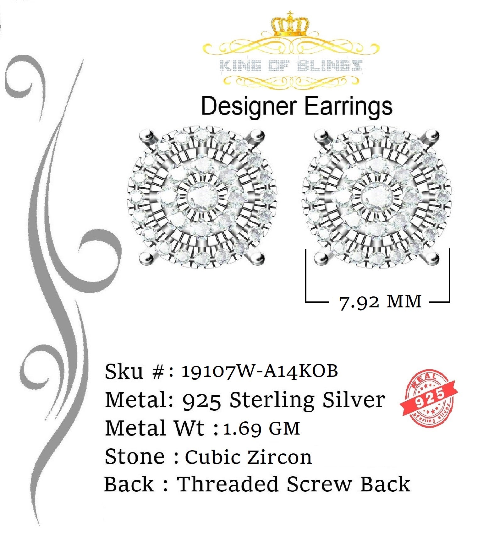 King of Blings- 925 White Sterling Silver 0.86ct Cubic Zirconia Round Women's Hip Hop Earrings KING OF BLINGS