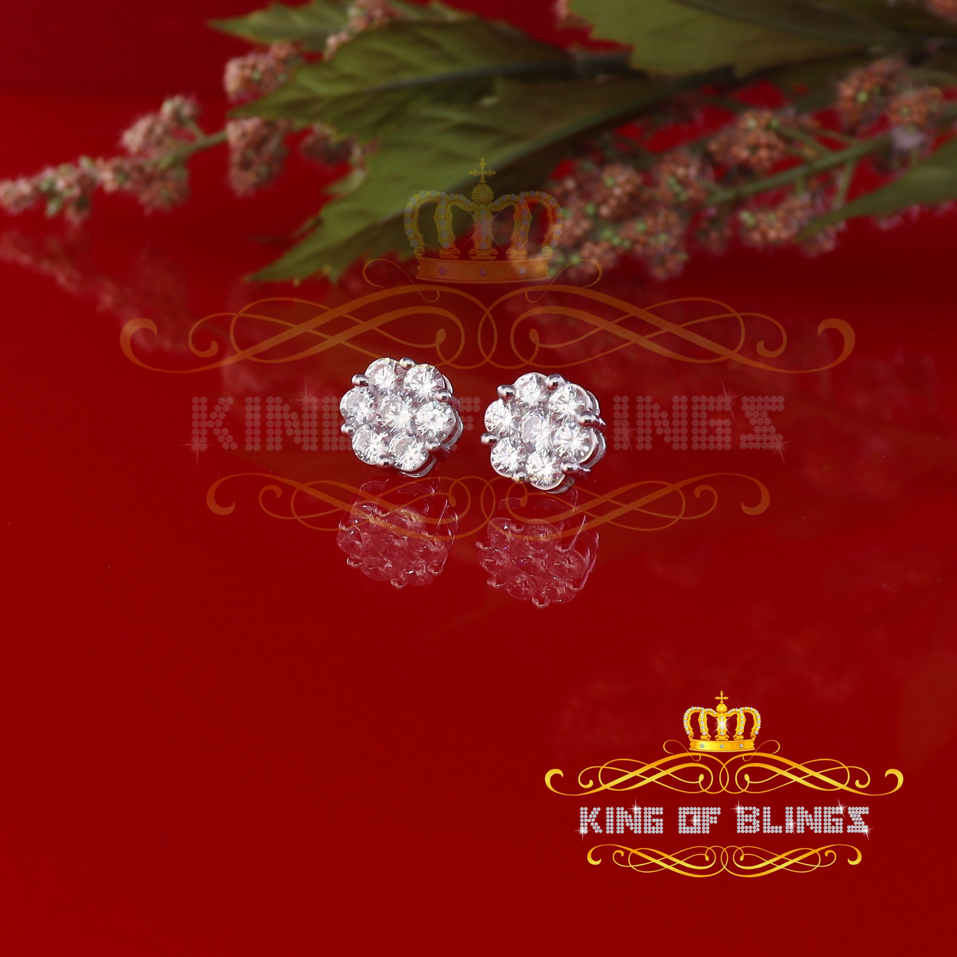 King of Blings- 925 White Sterling Silver 0.96ct Cubic Zirconia Women's Hip Hop Floral Earrings KING OF BLINGS