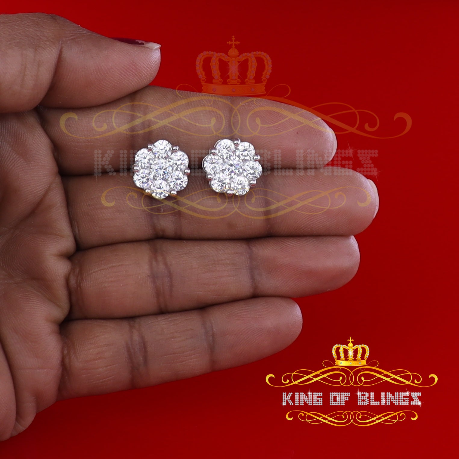 King of Blings- 925 Silver White 1.56ct Cubic Zirconia Hip Hop Floral Women's & Men's Earrings KING OF BLINGS