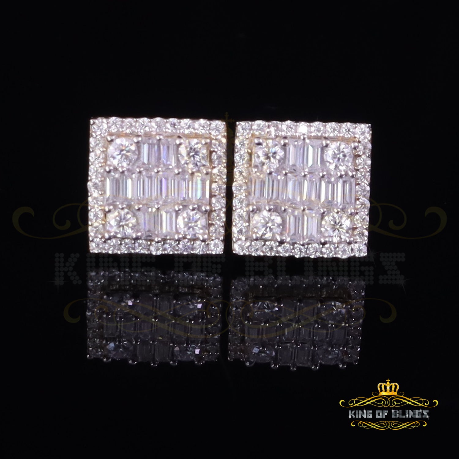 King  of Bling's Men's/Women's 925 Silver Yellow 1.00ct VVS 'D' Moissanite Square Stud Earrings KING OF BLINGS