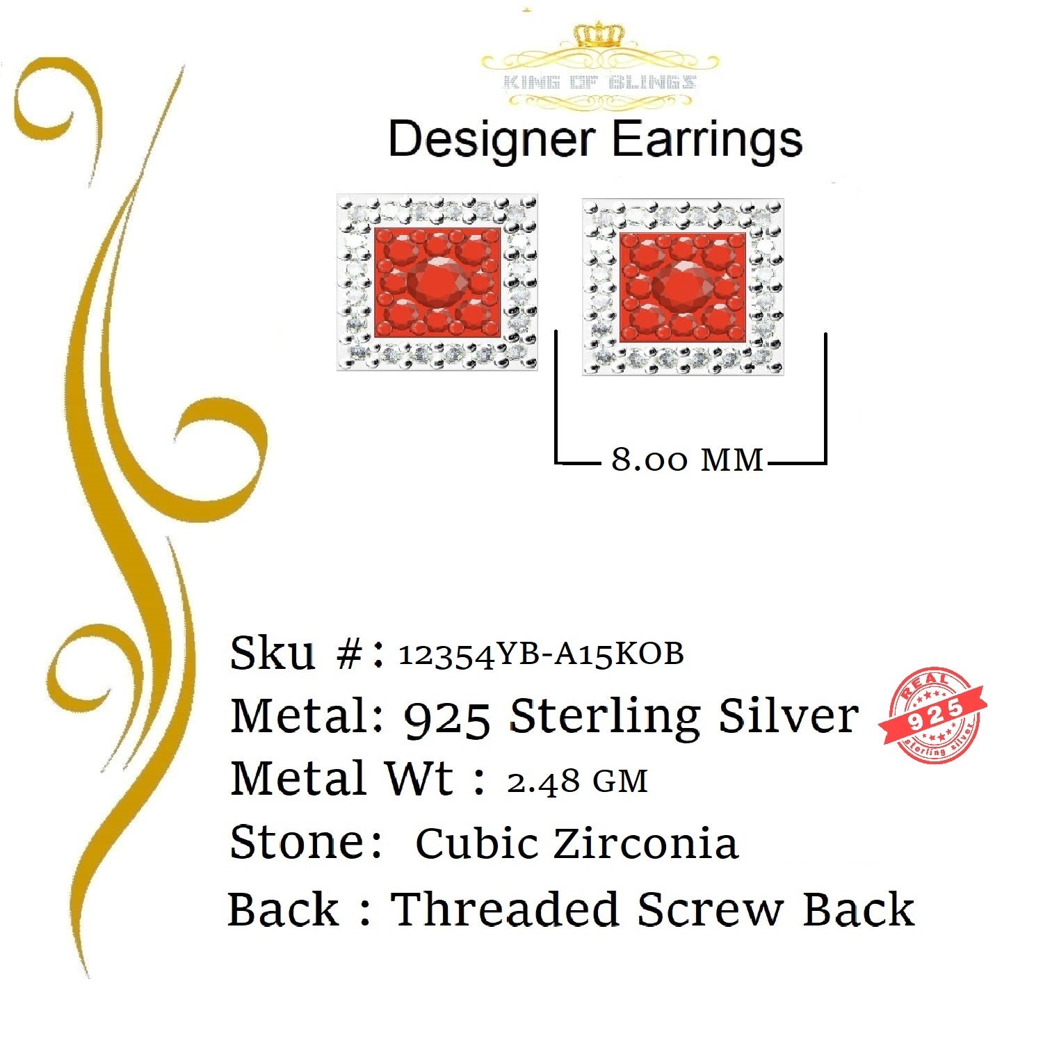 King of Bling's Hip Hop 925 Yellow Silver 1.23ct Cubic Zirconia Women's & Men's Square Earrings KING OF BLINGS