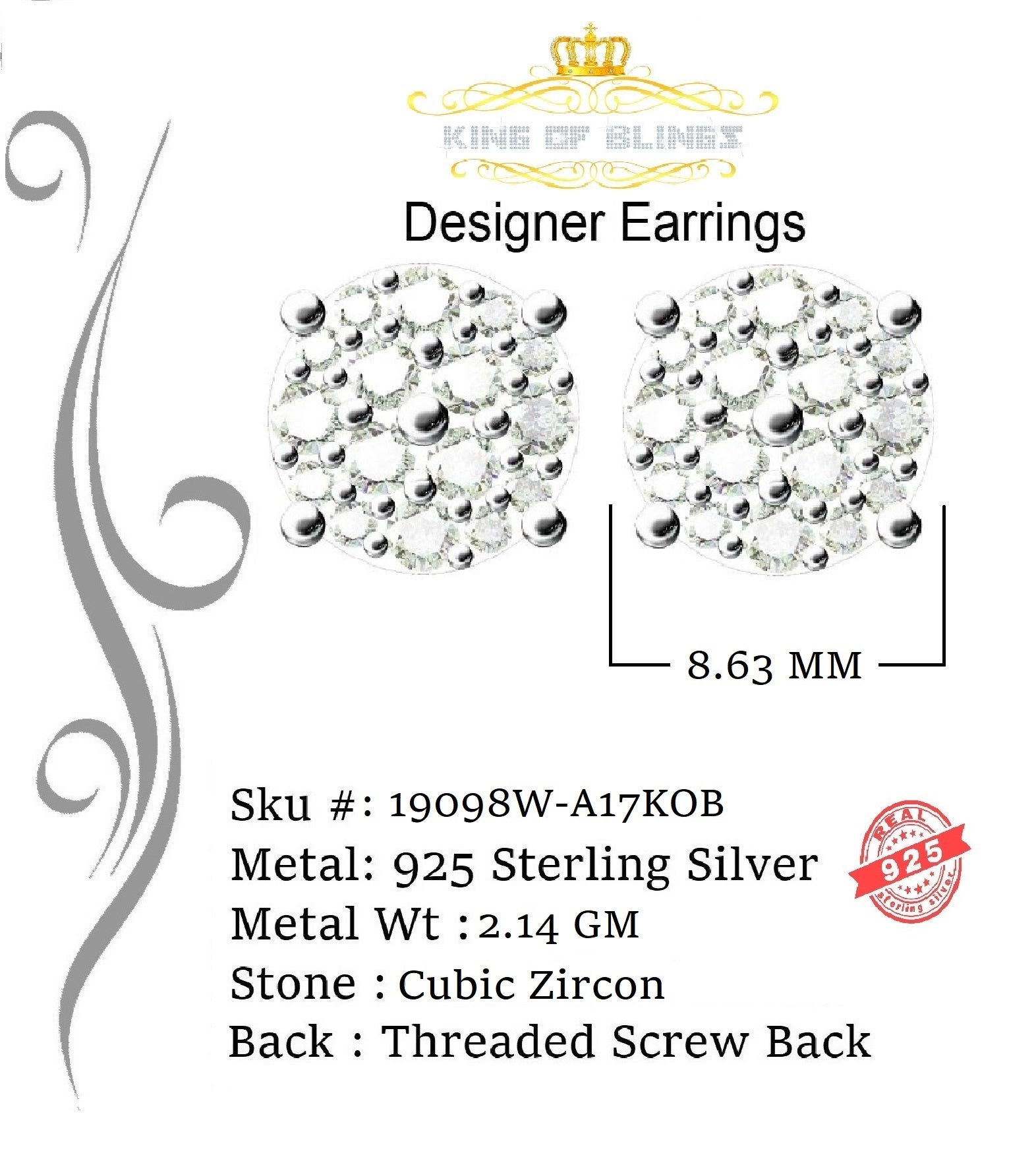 King of Blings- Aretes Para Hombre 925 White Silver 2.0ct Cubic Zirconia Round Women's Earrings KING OF BLINGS