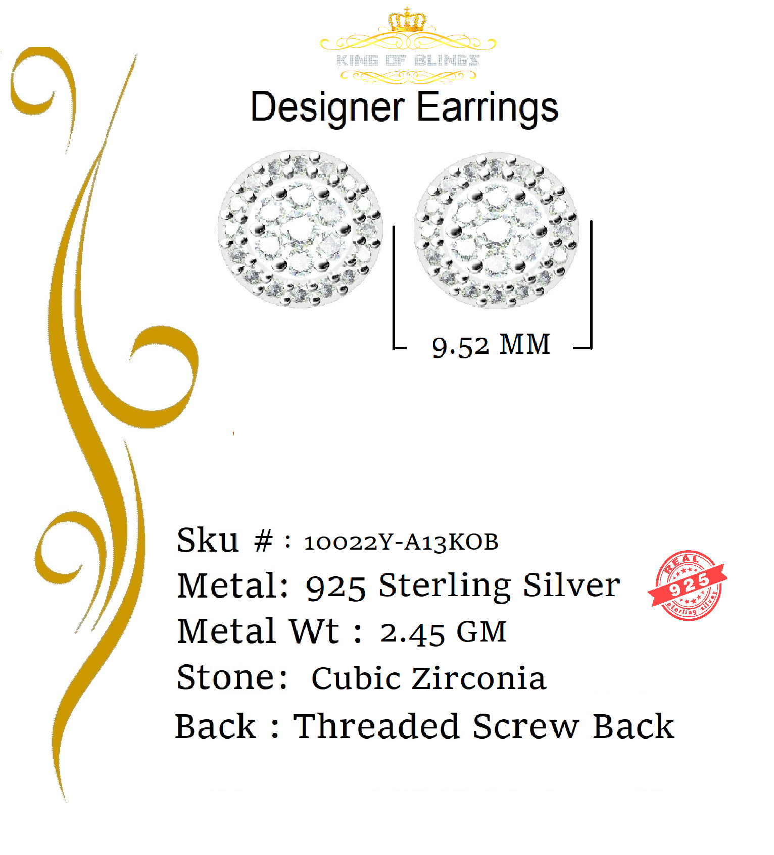 King of Bling's 925 Yellow Silver 1.96ct Cubic Zirconia Women's & Men's Hip Hop Round Earrings KING OF BLINGS
