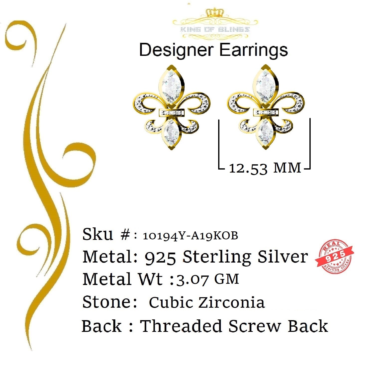 King of Bling's 925 Yellow Silver Ladies Fleur de Lis Screw Back 2.43ct Cubic Zirconia Earrings KING OF BLINGS