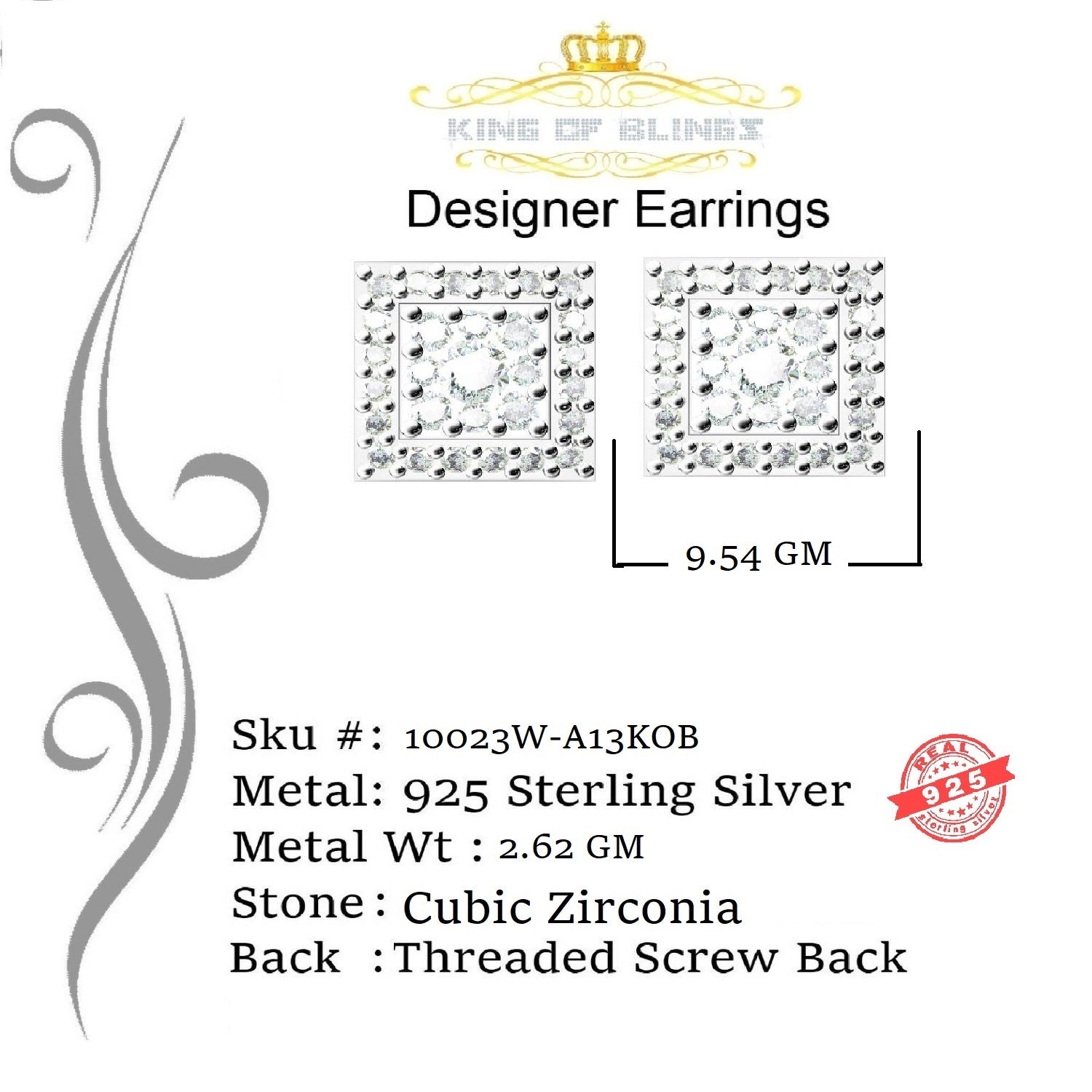 King of Blings- Hip Hop 925 White Silver 1.04ct Cubic Zirconia Women's & Men's Square Earrings KING OF BLINGS