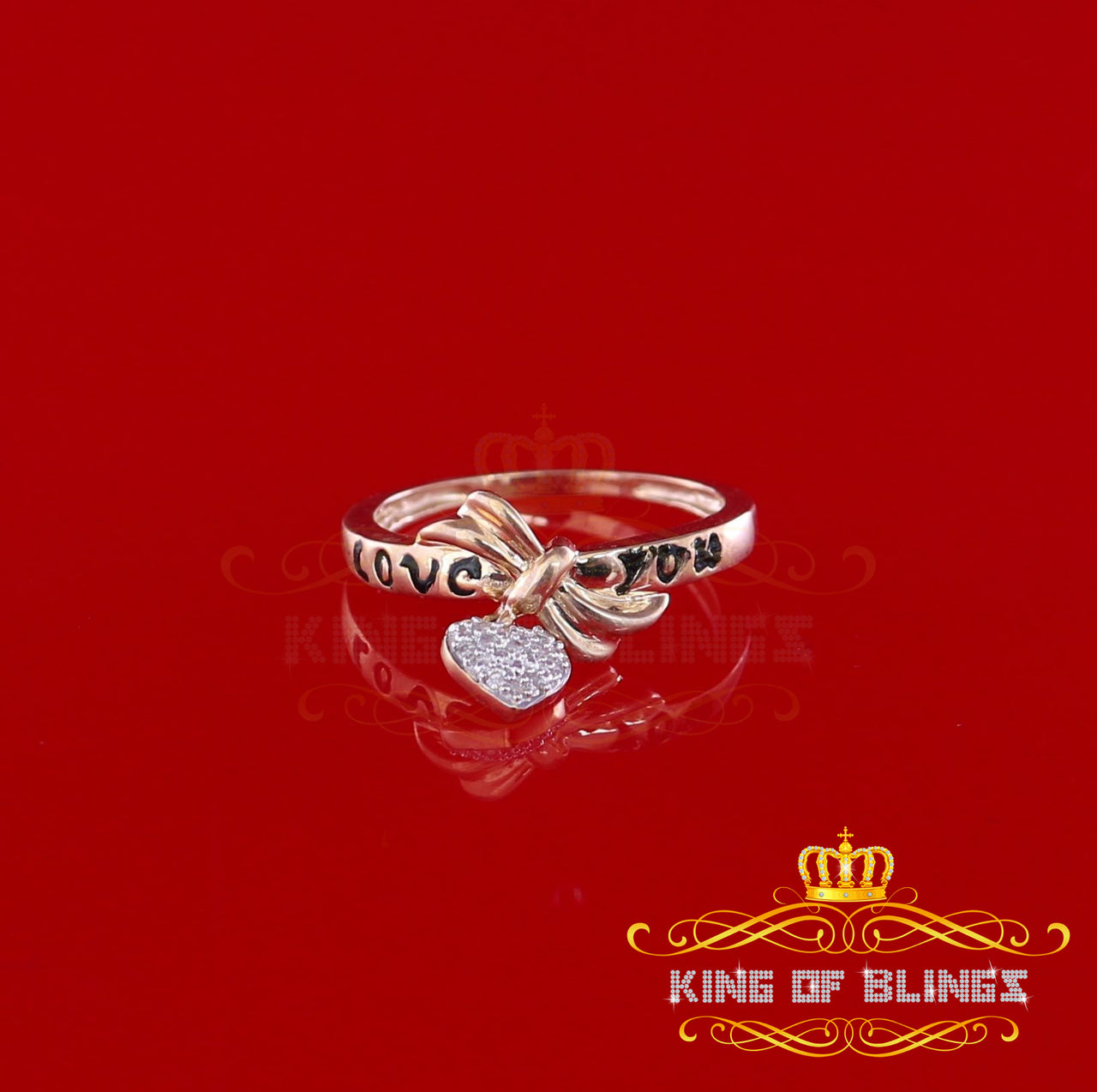 King of Bling's  Real 0.05ct Diamond Real 10kt Yellow Gold Fancy LOVE YOU HEART Charm Ring Size 7 KING OF BLINGS
