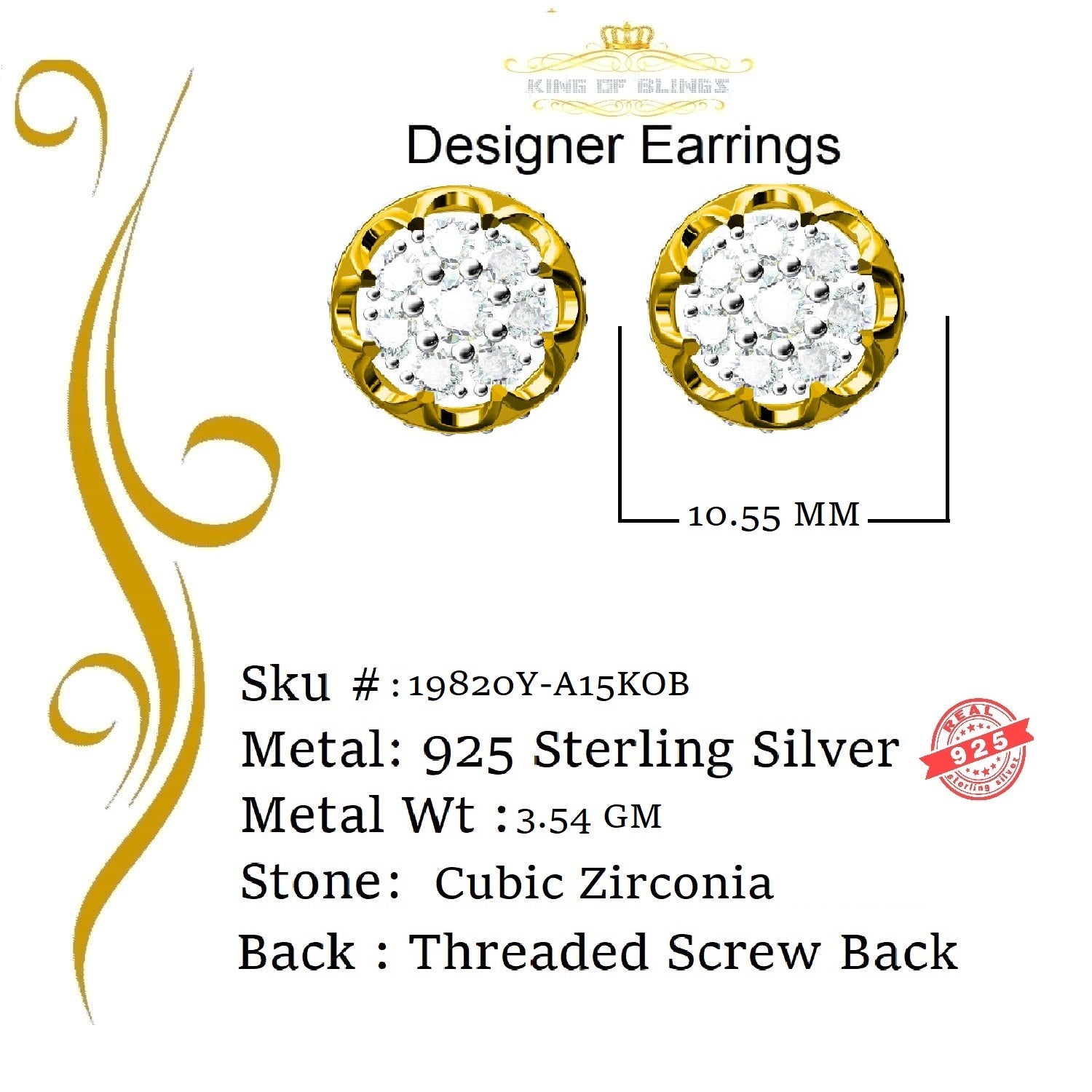King of Bling's 2.02ct Cubic Zirconia 925 Yellow Silver Women's & Men's Hip Hop Flower Earrings KING OF BLINGS