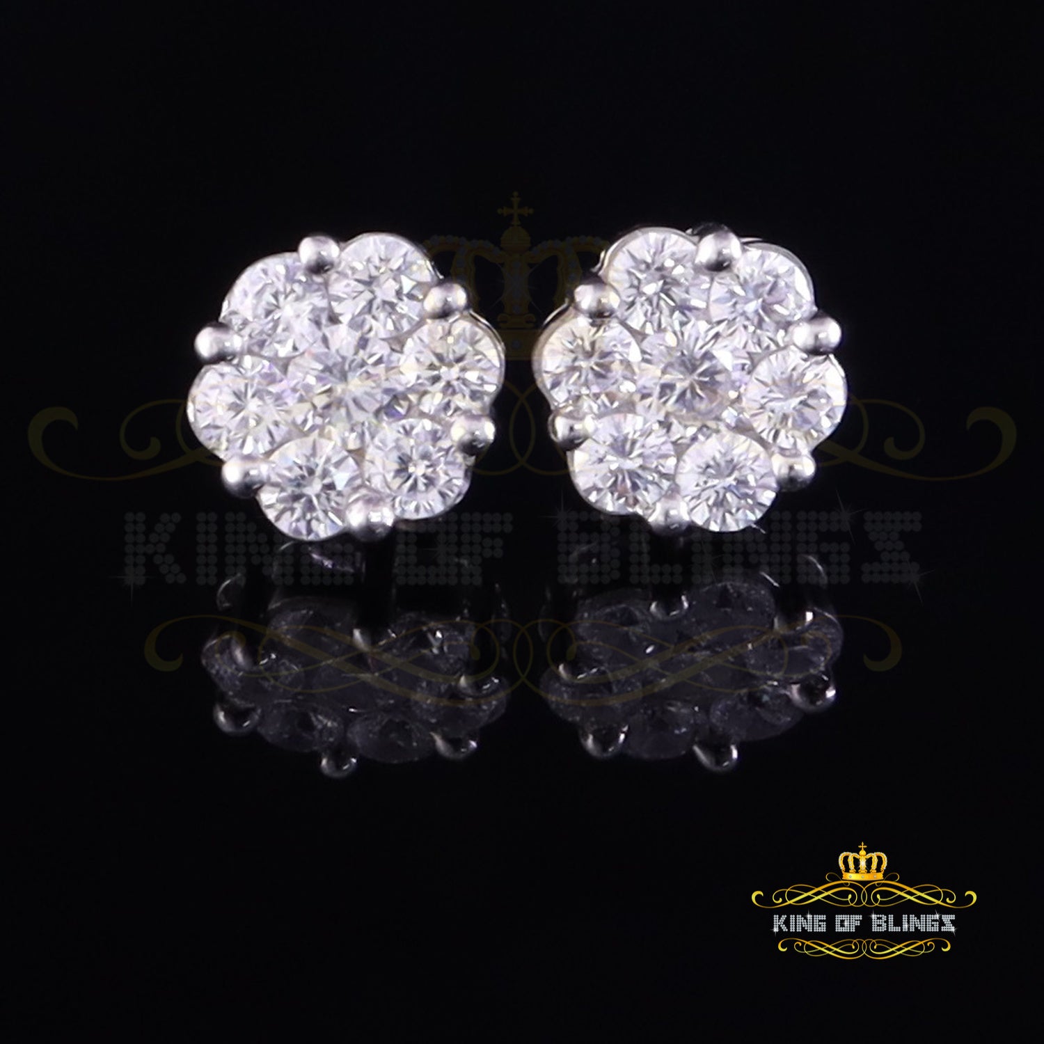 King of Blings- 925 Sterling White Silver 3.00ct Diamond Women's /Men's Hip Hop Flower Earrings KING OF BLINGS