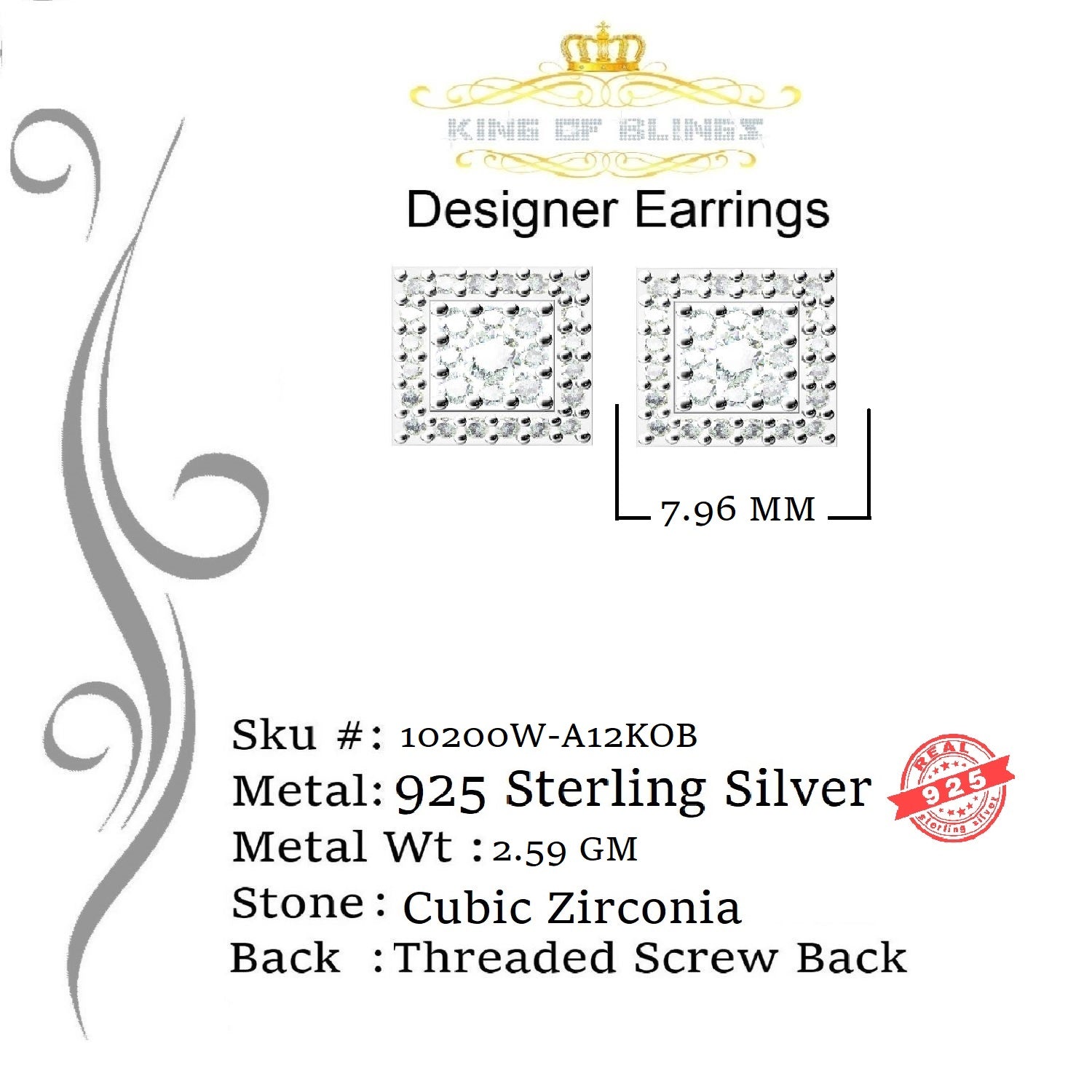 King of Blings- 1.2ct Cubic Zirconia 925 White Sterling Silver Women's Hip Hop Square Earrings KING OF BLINGS