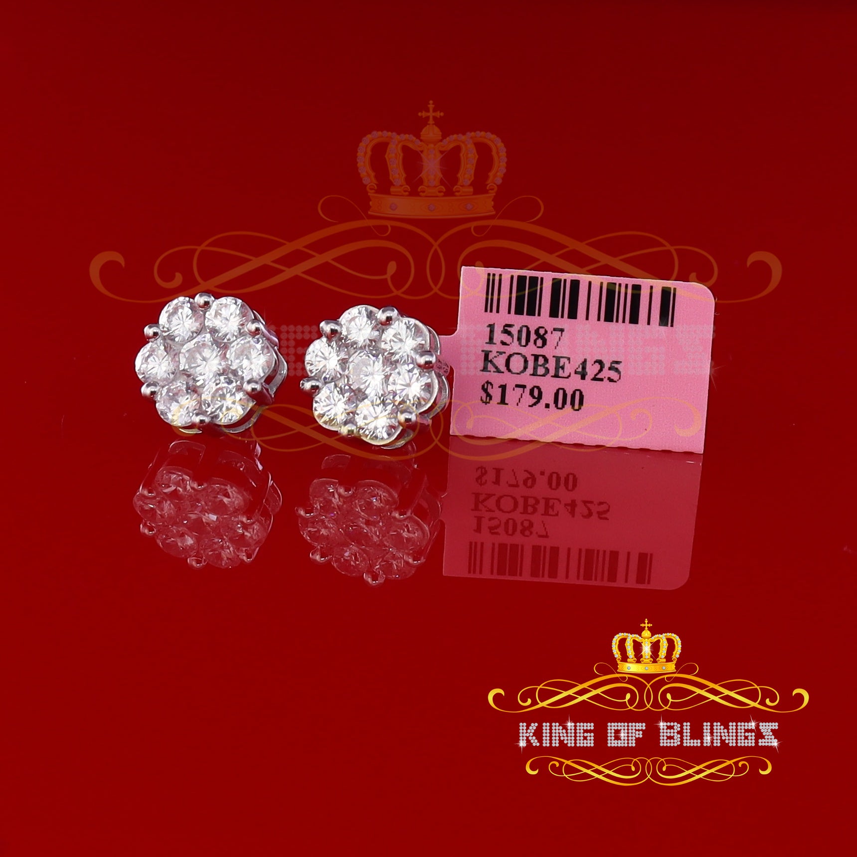 King of Blings- 925 White Sterling Silver 0.96ct Cubic Zirconia Women's Hip Hop Floral Earrings KING OF BLINGS