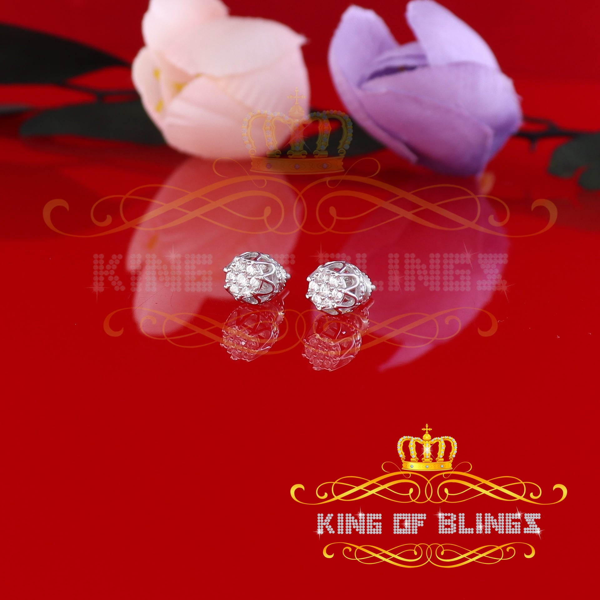 King of Blings- 925 White Silver Sterling 0.36ct Cubic Zirconia Hip Hop Floral Women's Earrings KING OF BLINGS