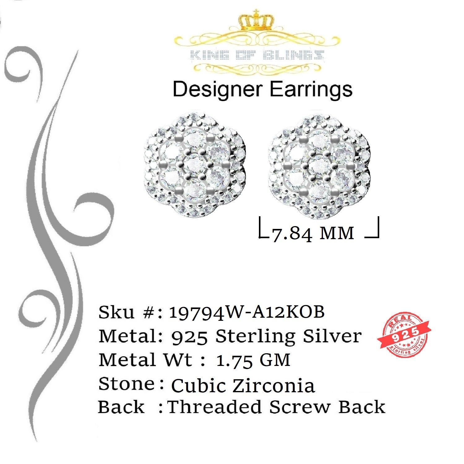 King of Blings- Aretes Para Hombre 925 White Silver Women's 1.22ct Cubic Zirconia Flower Earring KING OF BLINGS
