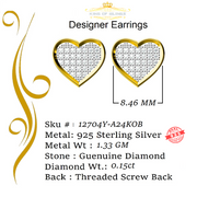 King of Blings-Aretes Para Hombre Heart 925 Yellow Silver 0.25ct Diamond Men & Women Earrings KING OF BLINGS