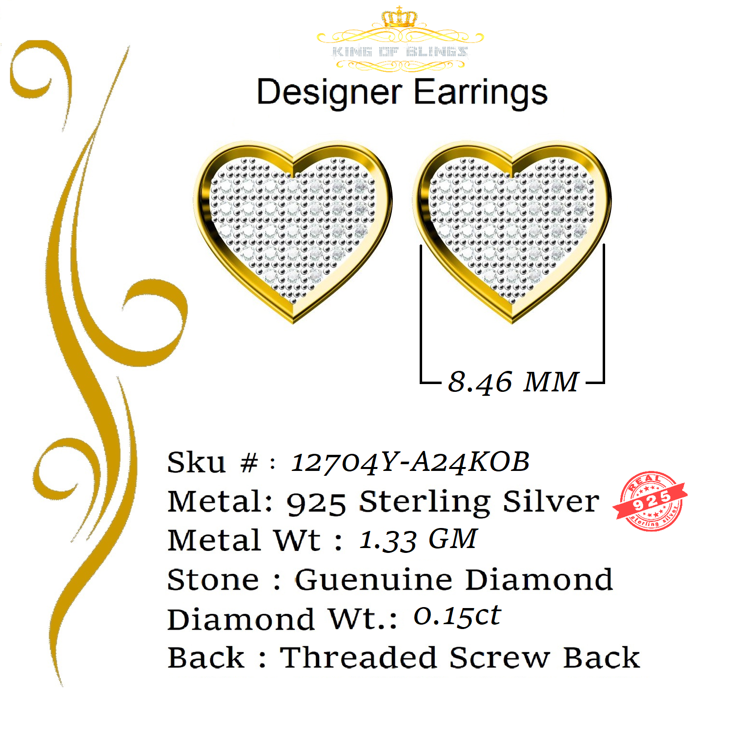 King of Blings-Aretes Para Hombre Heart 925 Yellow Silver 0.25ct Diamond Men & Women Earrings KING OF BLINGS