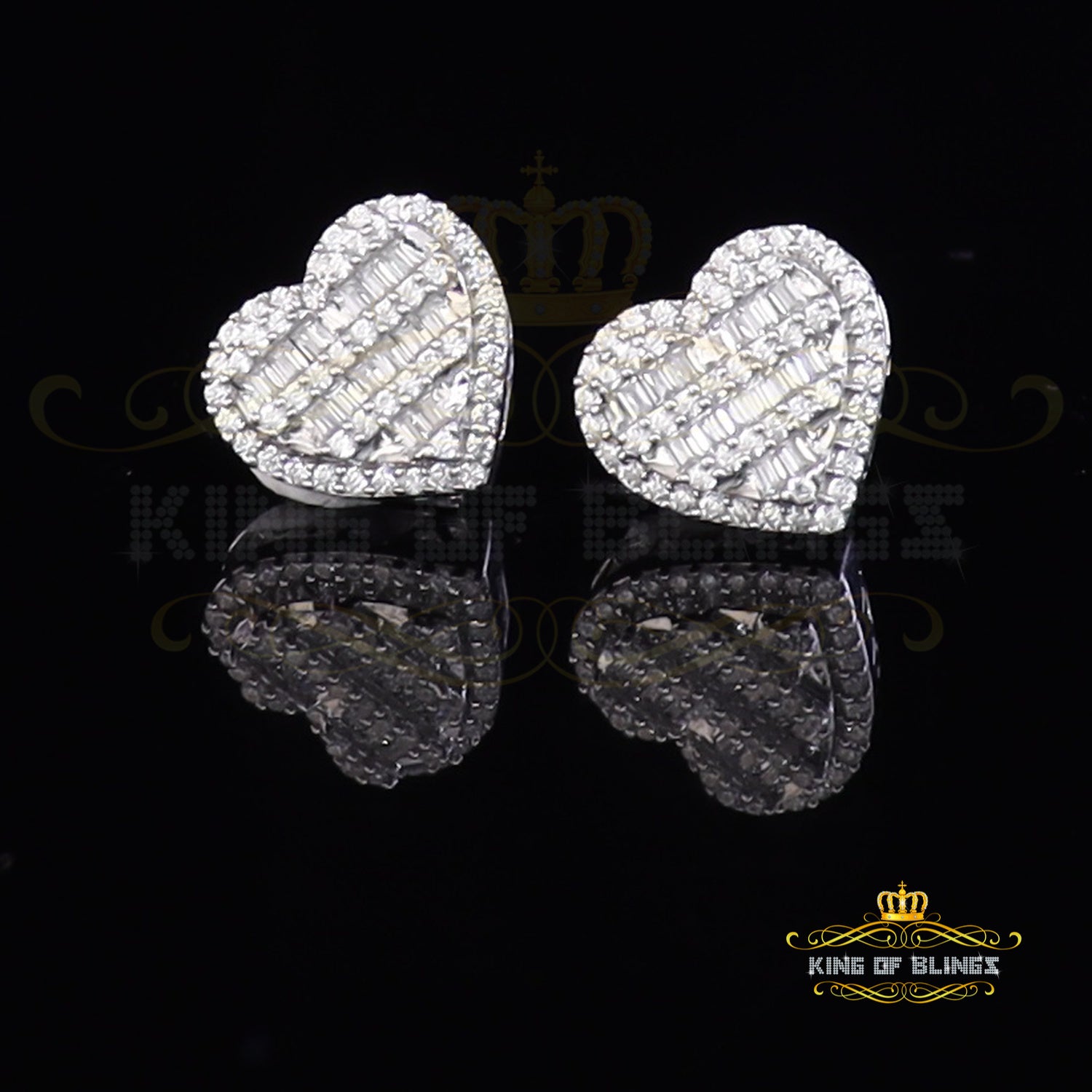 King of Blings- 925 White Sterling Silver 1.48ct Cubic Zirconia Men's & Women's Heart Earrings KING OF BLINGS