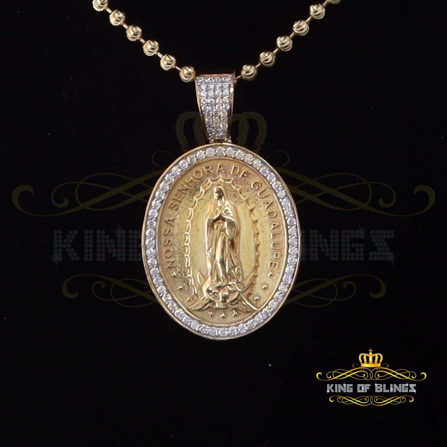 3D Oval Guadalupe Catholic Virgin Mary in CZ Yellow 925 Silver 1.63ct Pendant KING OF BLINGS