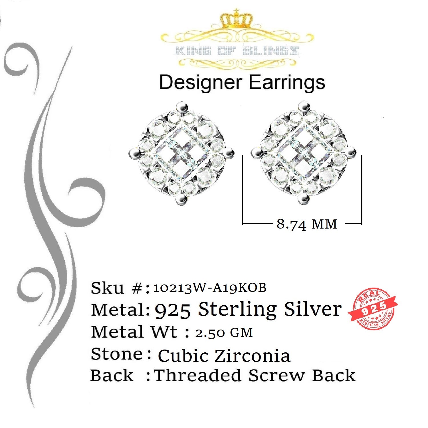 King of Blings- 925 White Silver Screw Back 1.44ct Cubic Zirconia Round Earrings For Ladies KING OF BLINGS