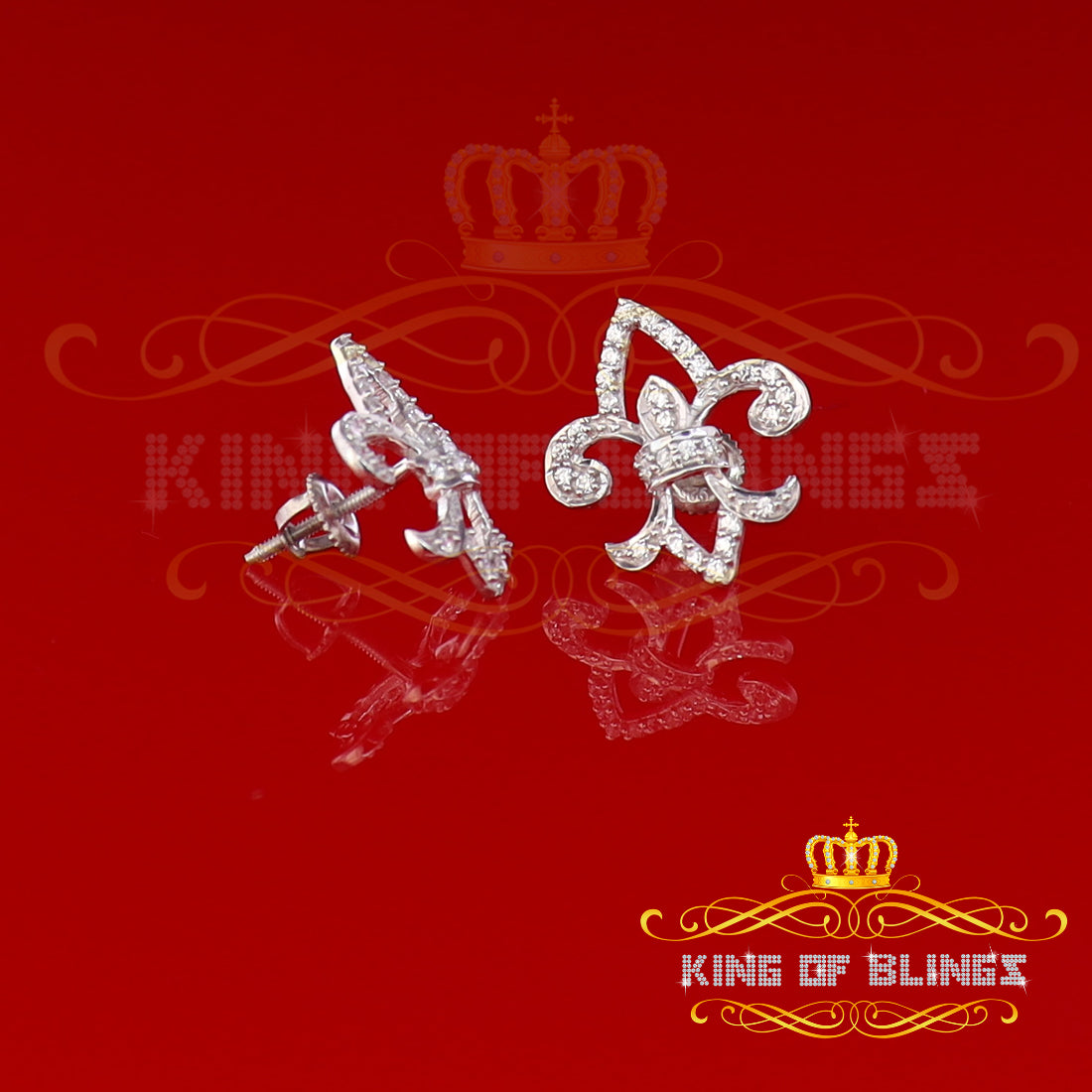 King of Blings- 925 White Silver 0.60ct Cubic Zirconia Fleur de Lis Screw Back Women's Earrings KING OF BLINGS