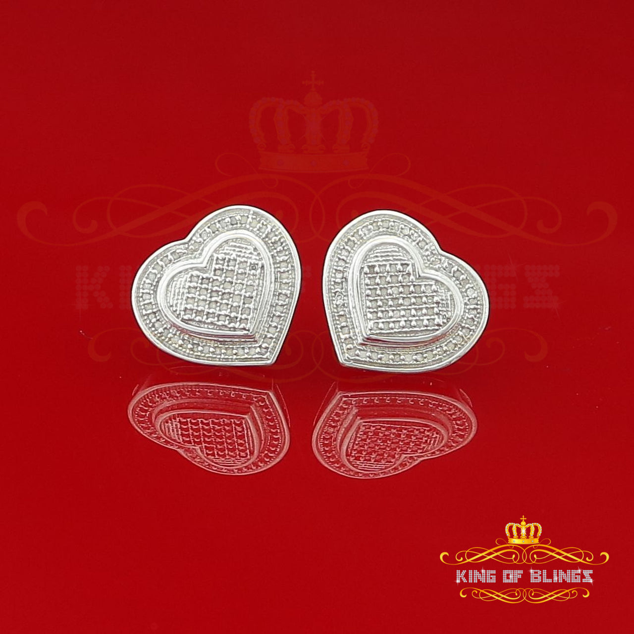 King Of Bling's Aretes Para Hombre 925 White Silver 0.33ct Diamond Women's Heart Style Earrings KING OF BLINGS