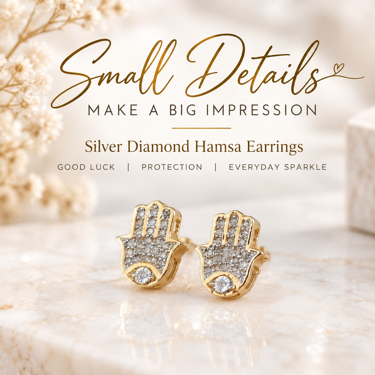 King Of Bling's 925 Yellow Sterling Silver 0.15ct Diamond Stud Women's & Men's Hamsha Earrings KING OF BLINGS