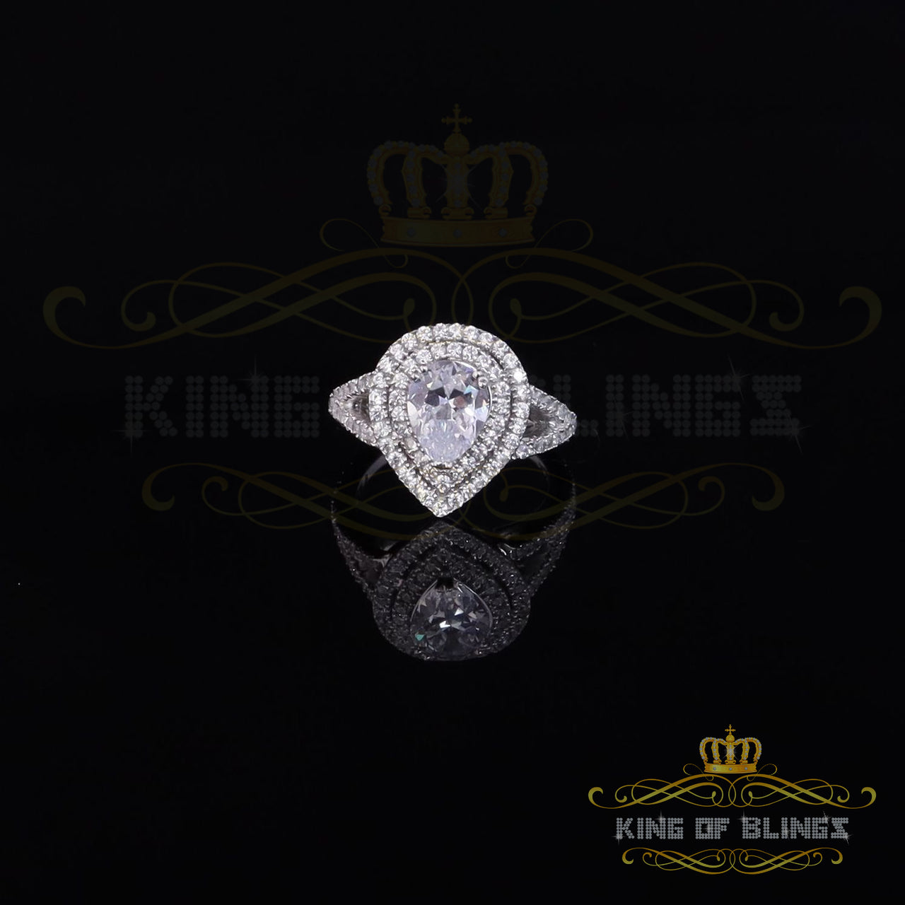 King Of Bling's3.78ct Cubic Zirconia White Silve Pear Cut HaloWedding Womens Ring Sz 6.5