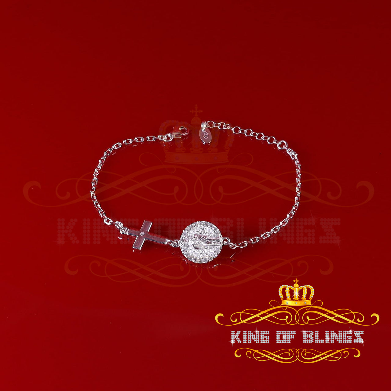 King Of Bling's CZ White 925 Sterling Silver Women's Saint Jude Thaddeus and Cross Bracelet SZ 8