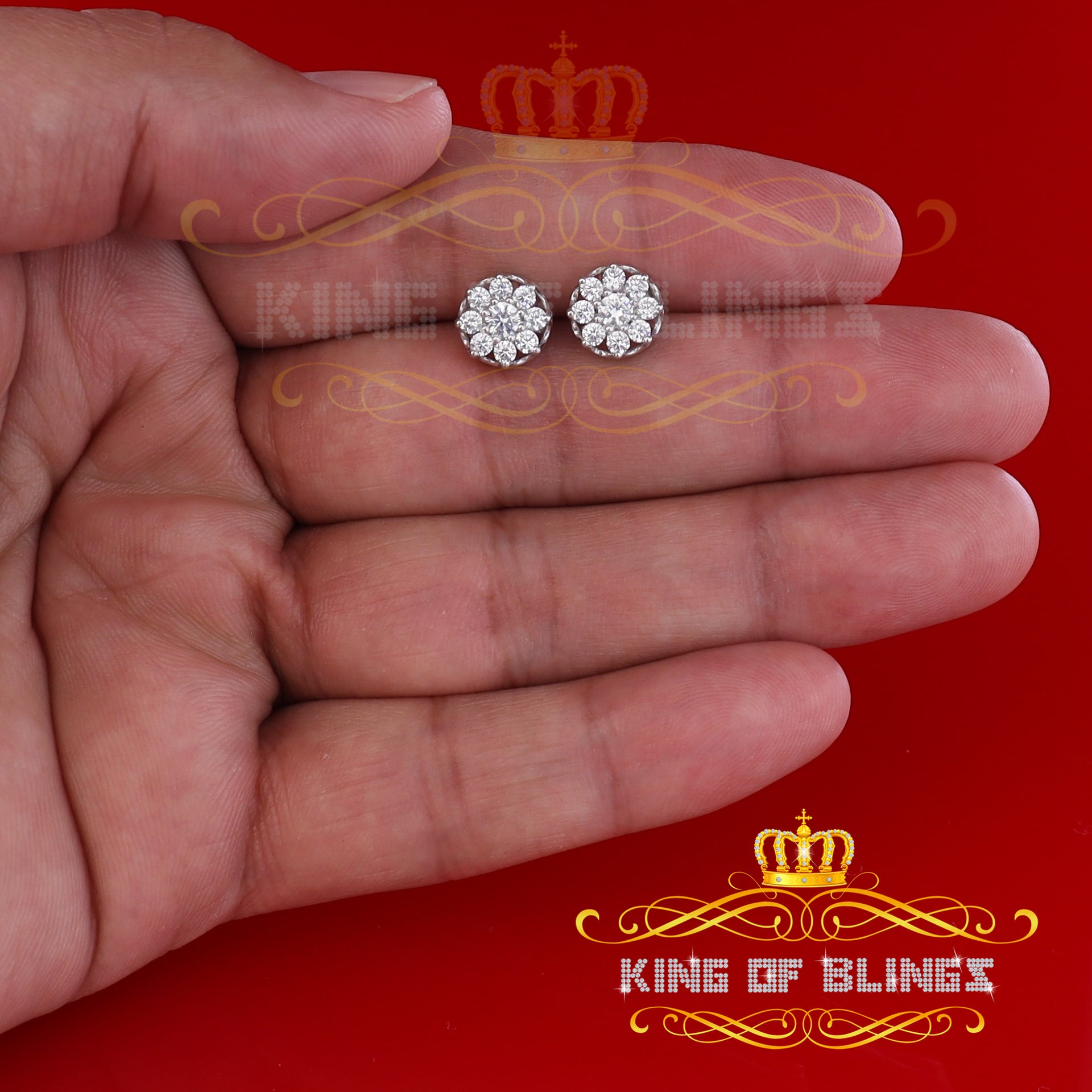 King of Blings- 1.94ct Cubic Zirconia 925 White Sterling Silver Women's Hip Hop Flower Earrings KING OF BLINGS
