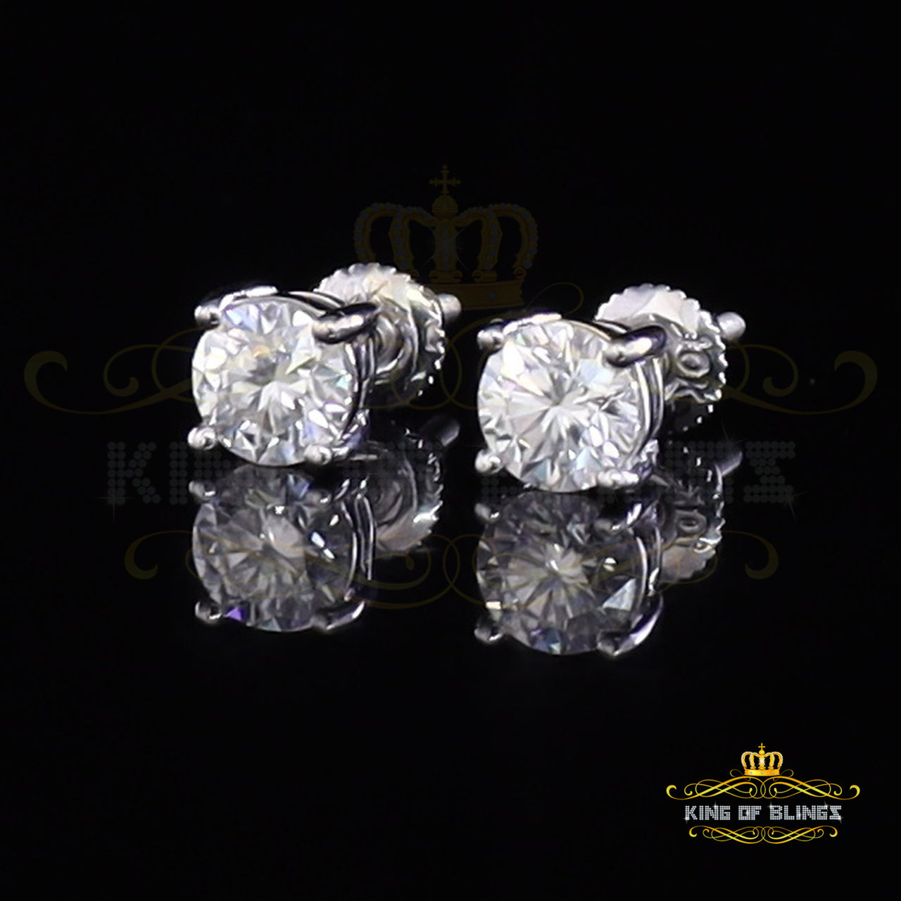 King of Bling's 2.00ct VVS 'D' Moissanite Men's/Womens 925 Silver White Round Stud Earrings KING OF BLINGS