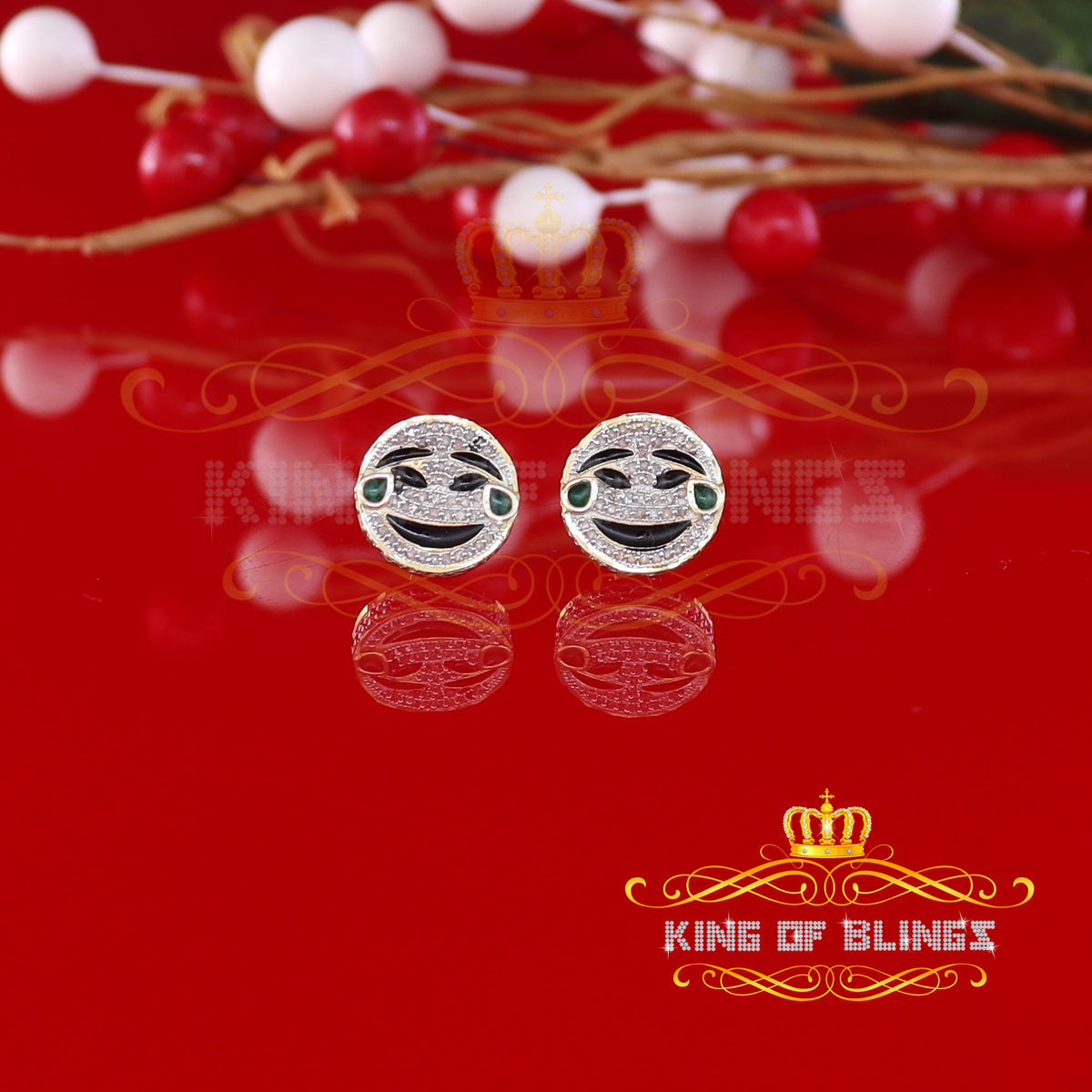 King Of Bling's 925 Sterling Yellow Silver 0.33ct Diamond Men & Women Face with tear joy Earring KING OF BLINGS