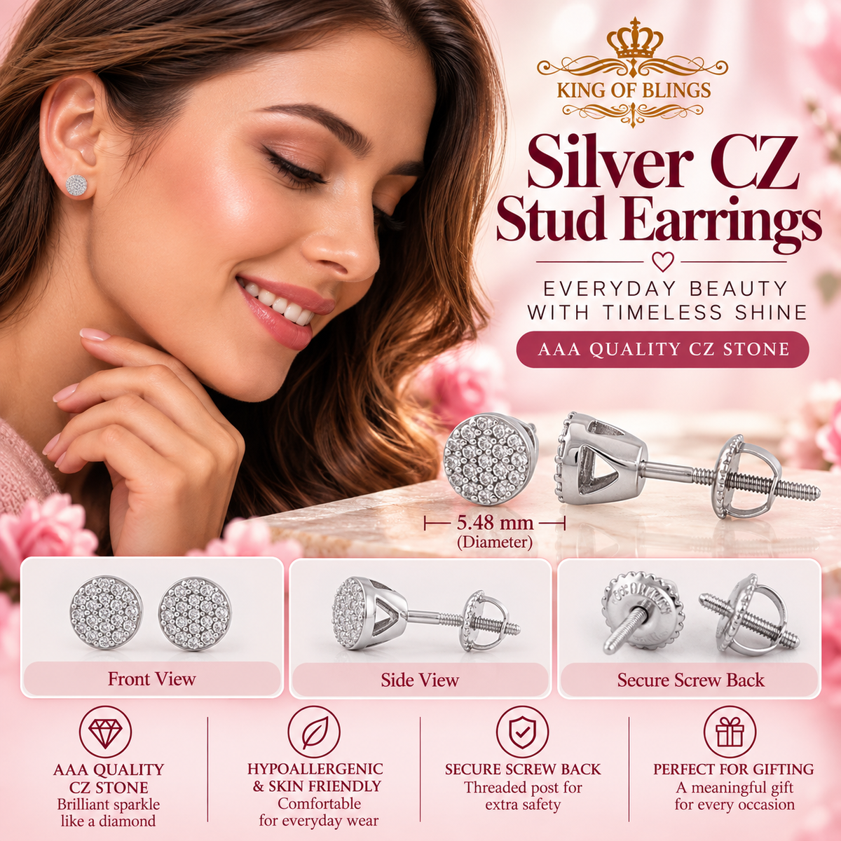 King of Bling's 925 White Silver Aretes Para Hombre 0.30ct Cubic Zirconia Women's Round Earrings KING OF BLINGS