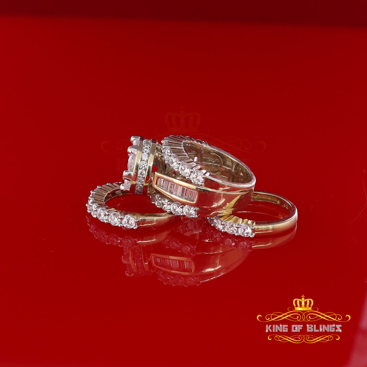 King Of Bling's Yellow Silver 14.00ct Cubic Zirconia Ring Multi Row Trio Womens Ring Size 8