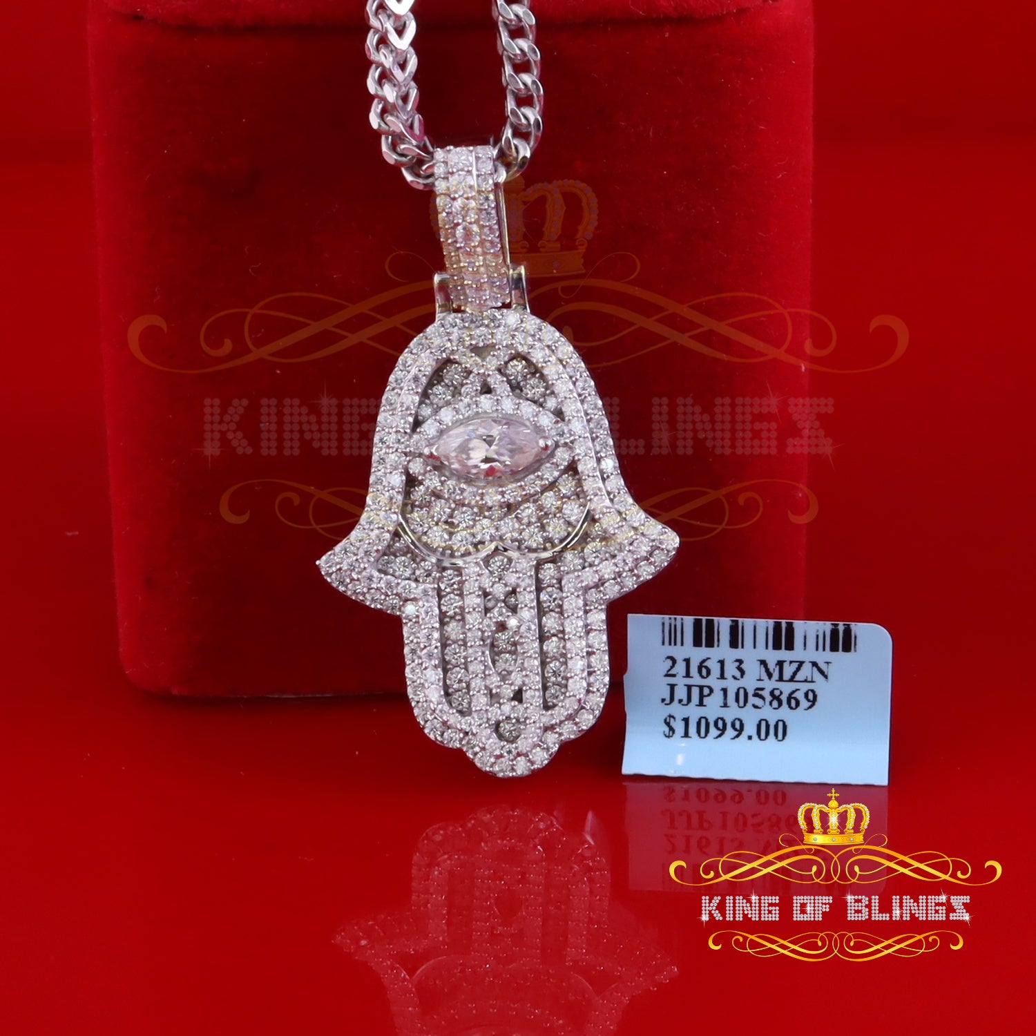 King Of Bling's 3.00ct Moissanite VVS D Baguette 925 Silver White Hamsa Pendant For Women's KING OF BLINGS