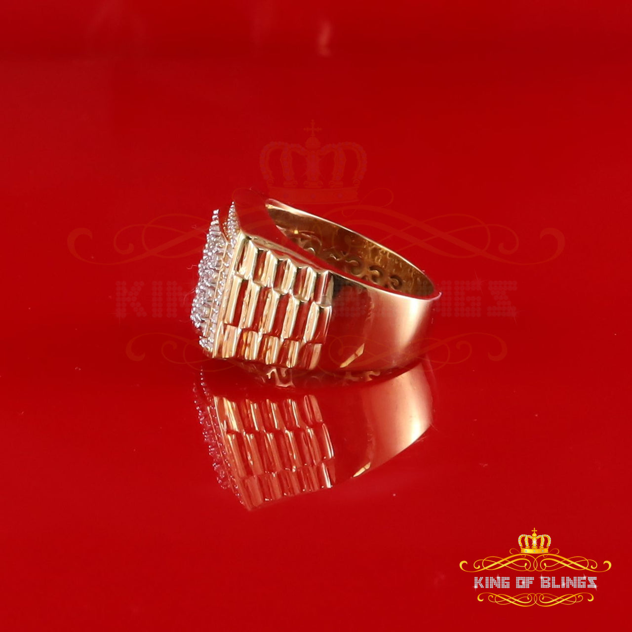 King Of Bling's Mirage Rectangle 0.40ctReal Diamond 925 Yellow Silver Engagement Mens Ring Sz 10