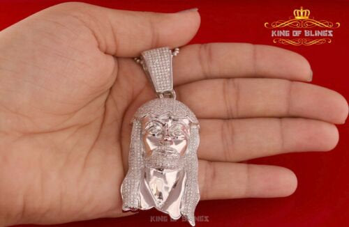 White 925 Sterling Silver Pendant Jesus Head Shape With 5.86ct Cubic Zirconia KING OF BLINGS