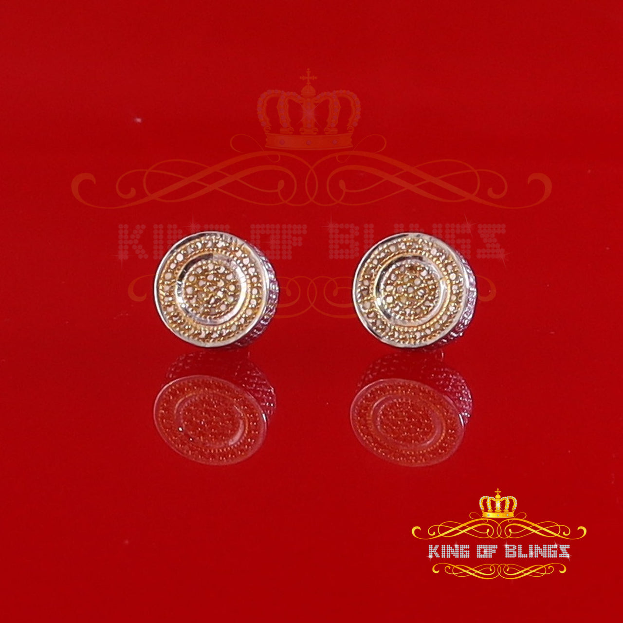 King of Blings-0.15ct Round Genuine Yellow Diamond 3D Round Earring 925 Sterling White Silver