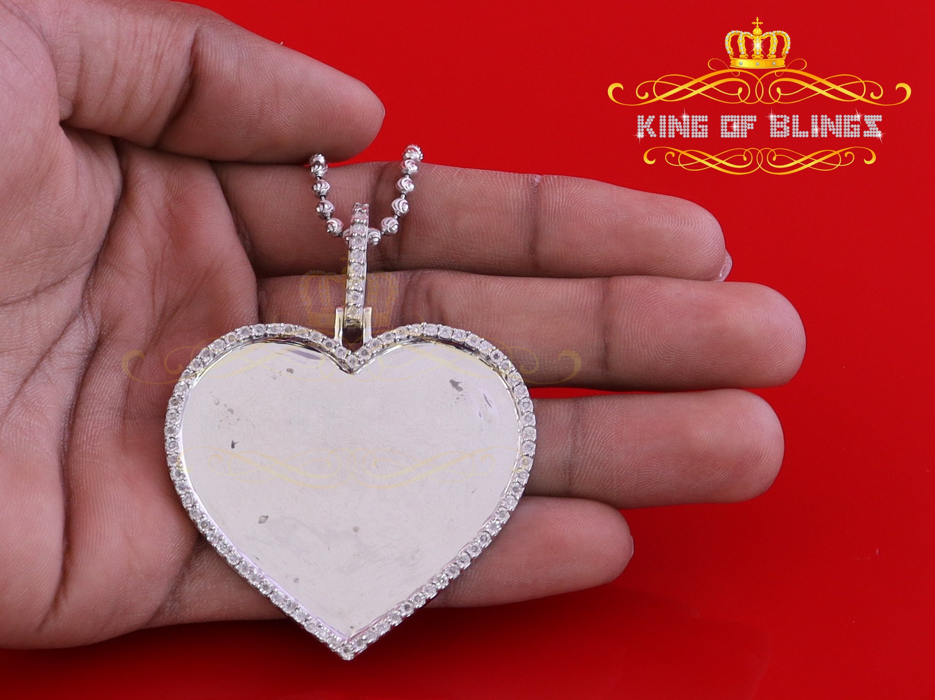 King Of Bling's KOB 0.75ct Real Diamond White 925 Sterling Silver "2" Inch Heart PICTURE Pendant KING OF BLINGS