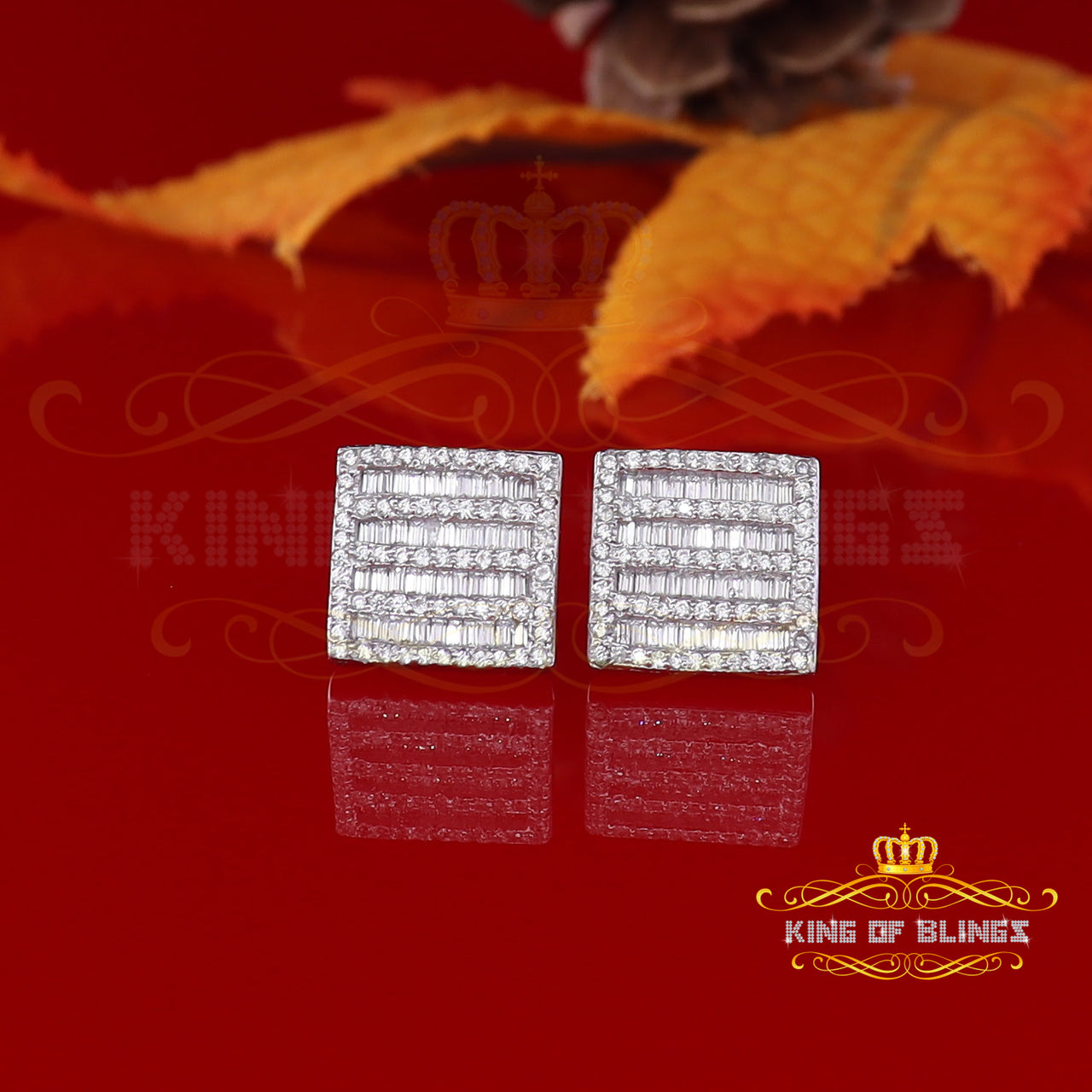 King of Bling's Hip Hop 925 Sterling White Silver 1.60ct Cubic Zirconia Women Square Earrings