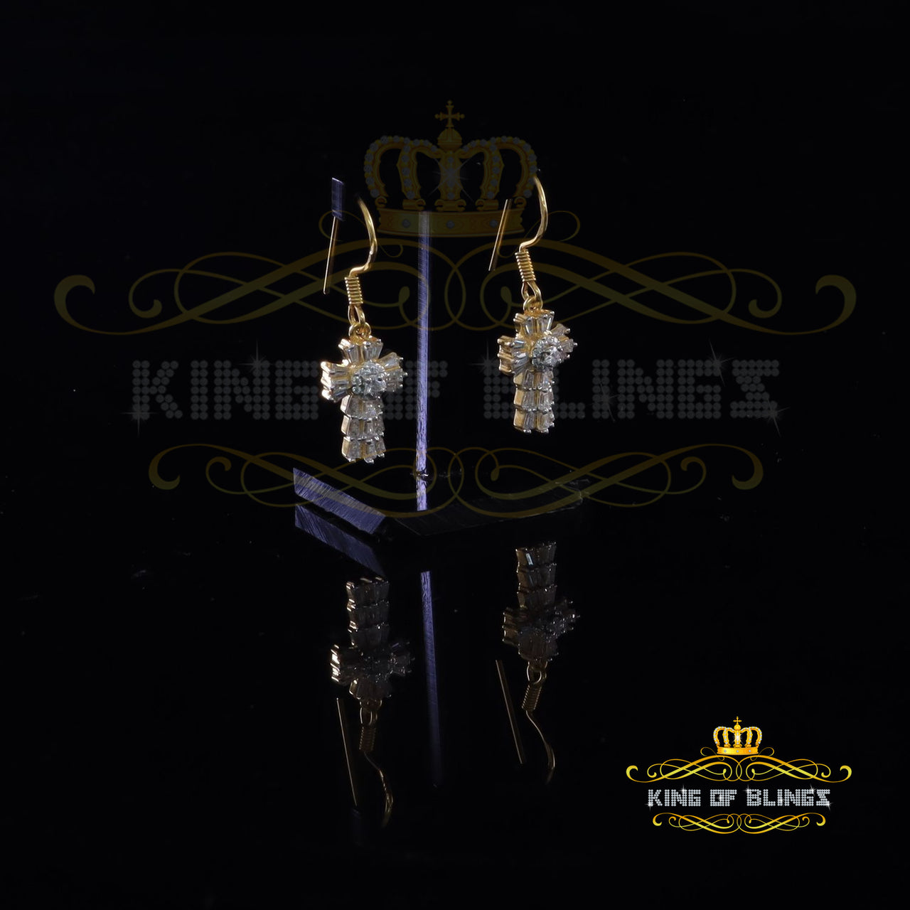 King  of Bling's 1.00ct Moissanite Yellow 925 Silver Women's Dangling Cross Fish Hook Earrings