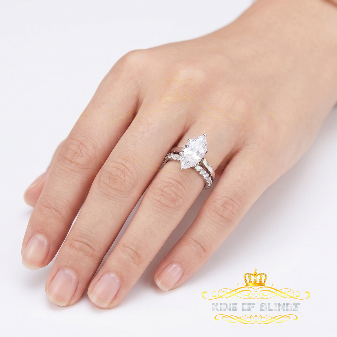 King of Bling's 925 Silver Mens/ Women Bridal Ring Marquise Shape Size 8 White 5.00ct Moissanite KING OF BLINGS