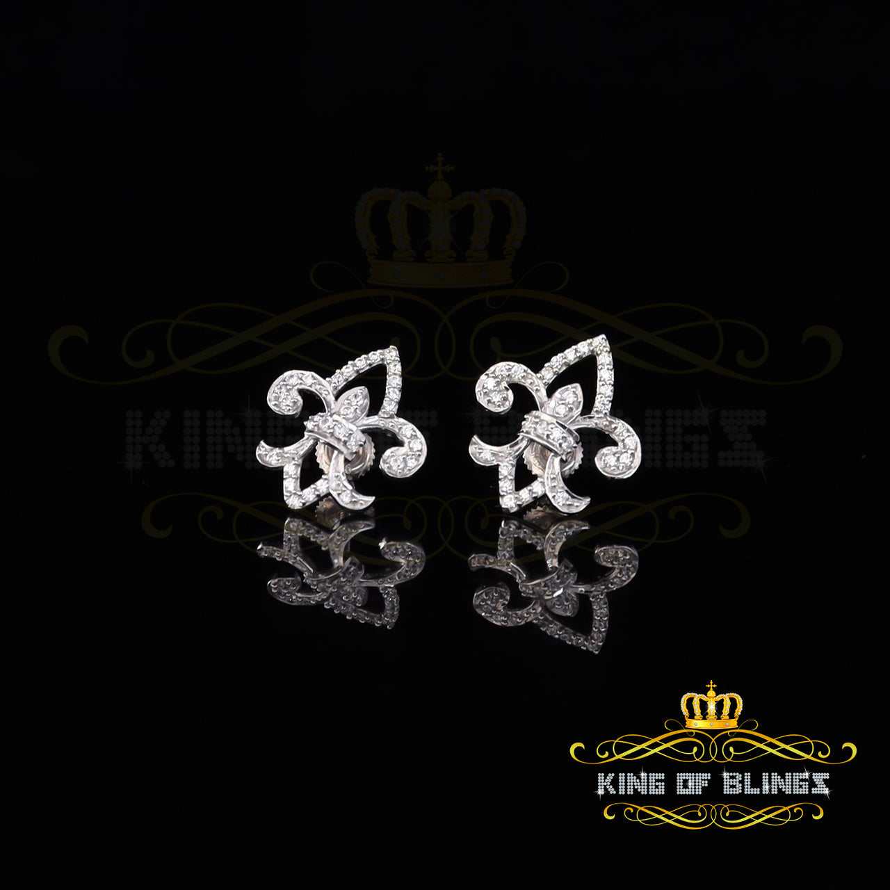 King of Bling's 0.60ct Cubic Zirconia 925 White Silver Women's Fleur de Lis Screw Back Earrings